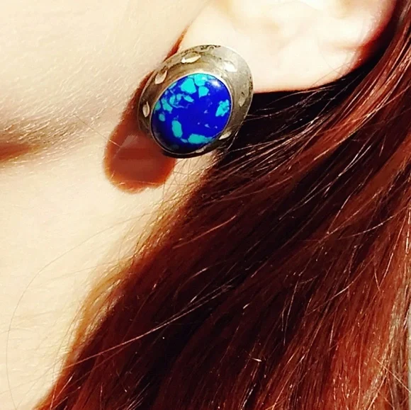Vintage Azurite/Sterling Silver Native American Earrings - Picture 2 of 5